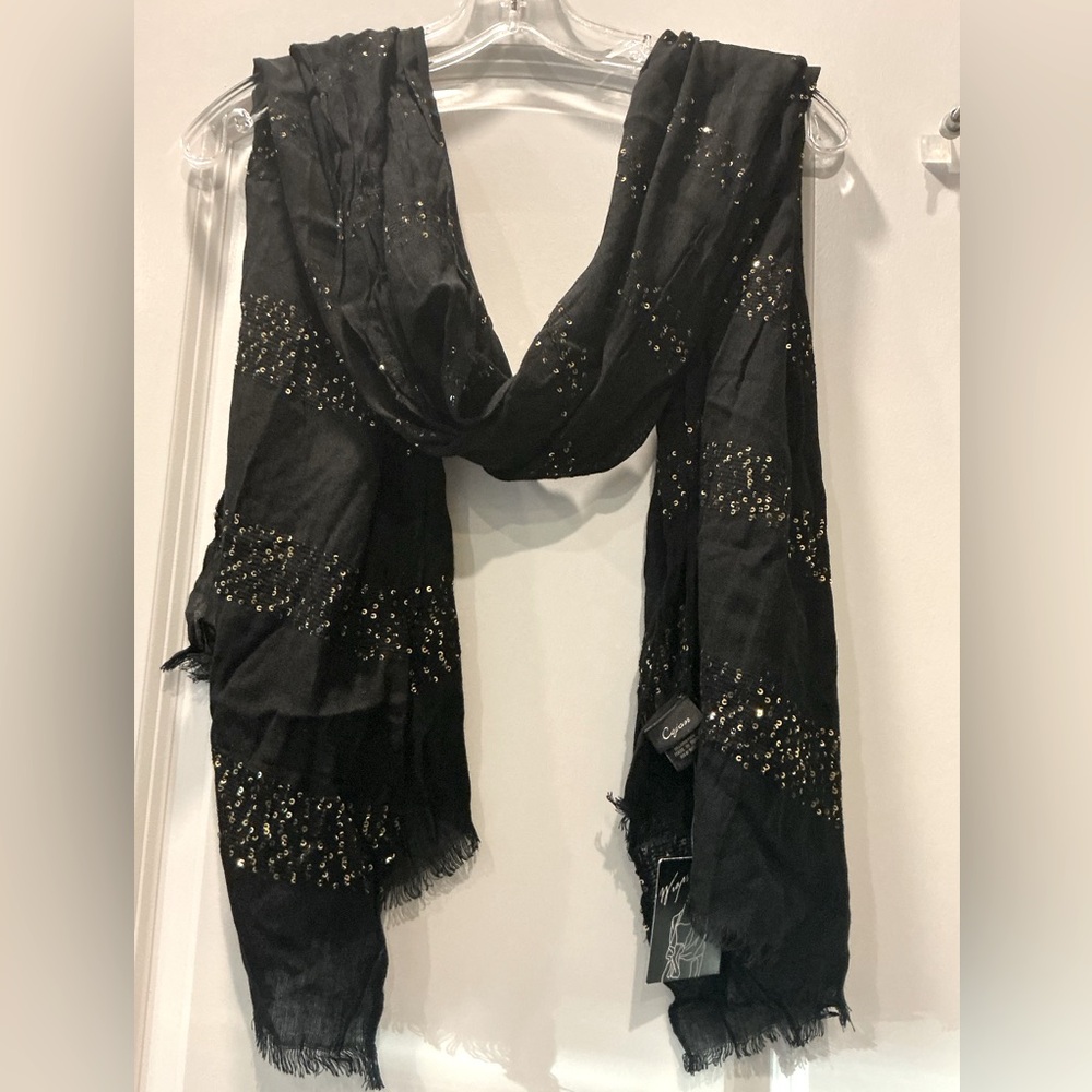Cejon Black Rectangular Scarf/Wrap w/Gold Sequins